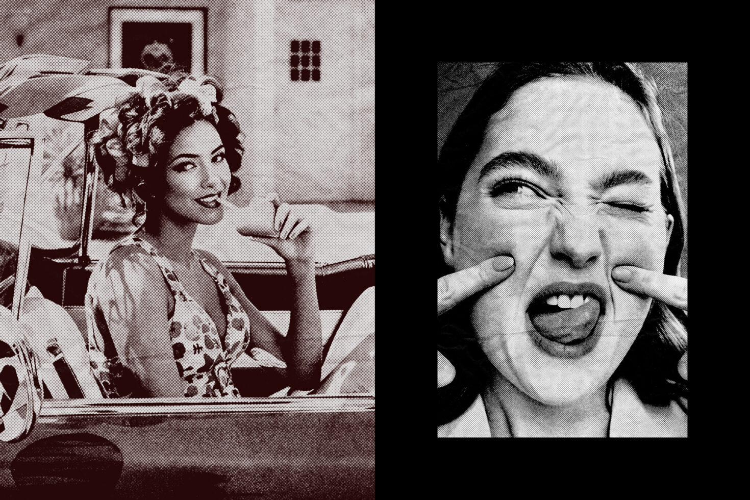Vintage retro halftone photo mockup featuring a woman in a car and a playful person making faces. Perfect for graphic design and creative templates.