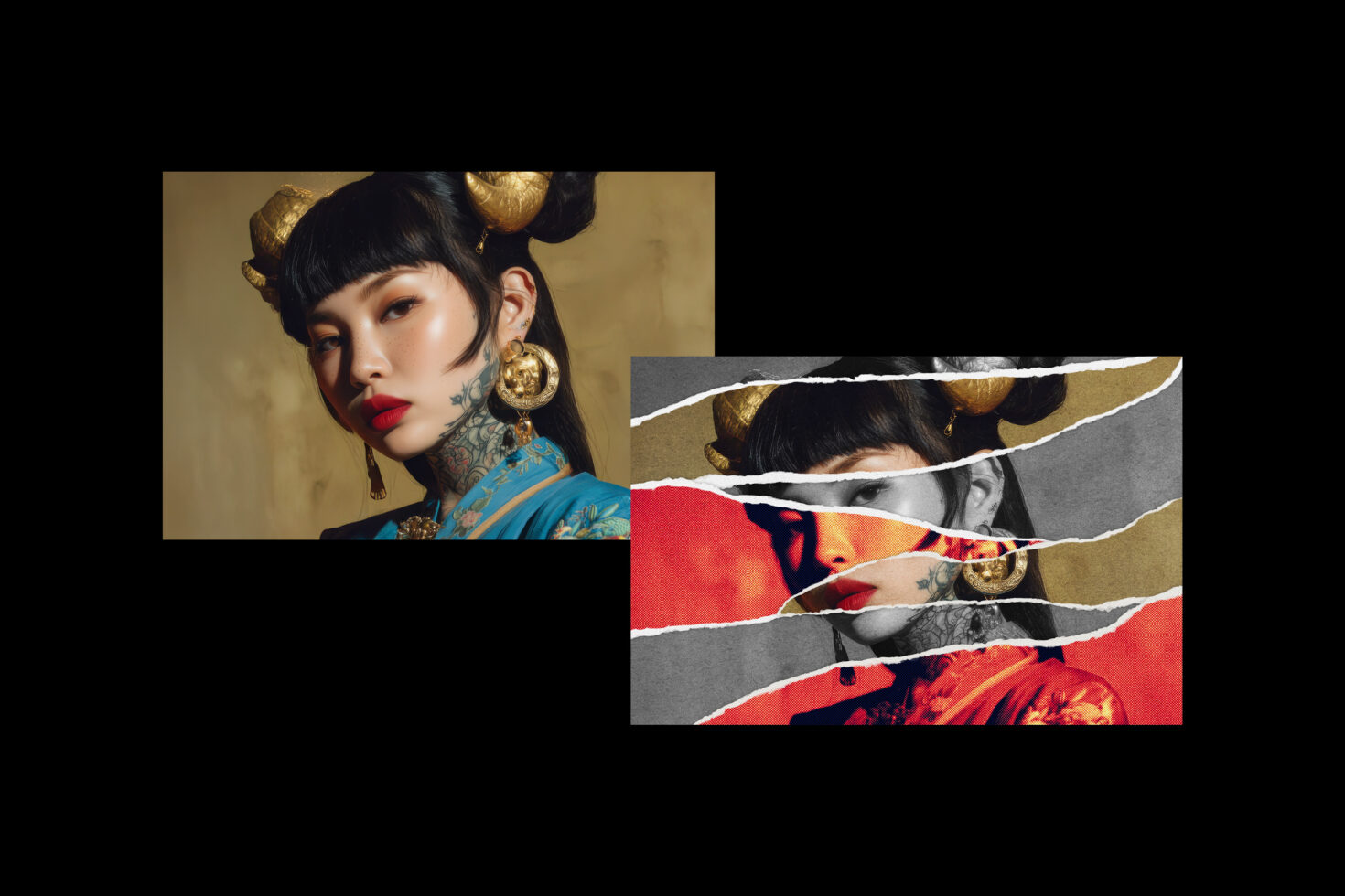 Asian-inspired graphic design showing a woman in traditional dress with gold accessories. Torn paper effect adds modern digital art touch.