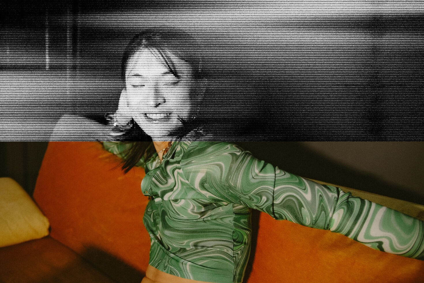 Glitch effect poster design featuring a woman on an orange sofa in a green swirled shirt. Ideal for graphics, digital art, creative texture resources.