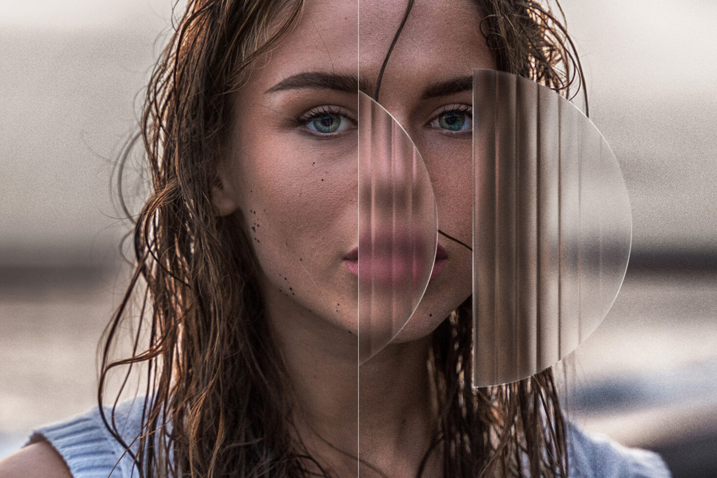 Abstract portrait with a woman gazing through textured glass. Modern art, creative photography, visual design asset for designers, graphic resources.