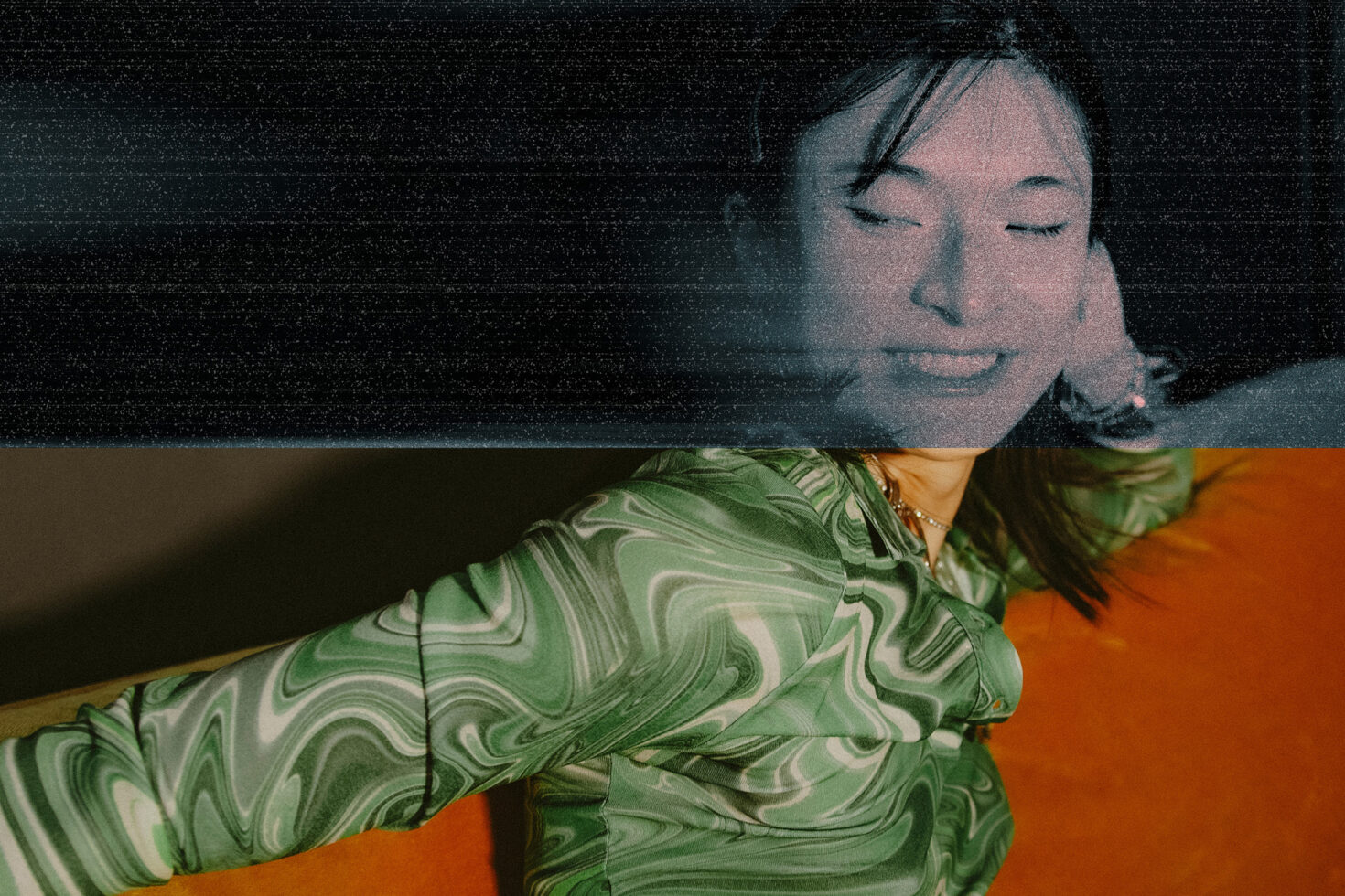 Abstract portrait with glitch effect showing a person wearing a green patterned shirt. Perfect for graphic design mockups and creative projects.