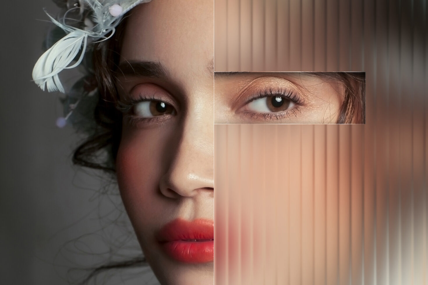 Close-up of a woman's face with artistic feather headpiece and digital blur effect showing elegance and modern design for graphic projects and mockups.
