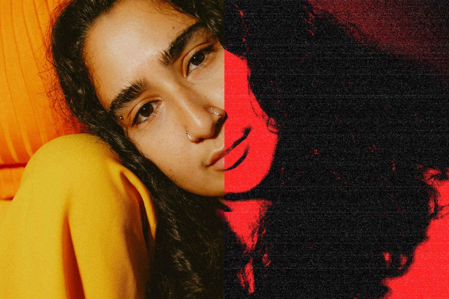 Digital art portrait split effect vibrant colors textured half red monochrome side suitable for graphic design mockup and template projects.