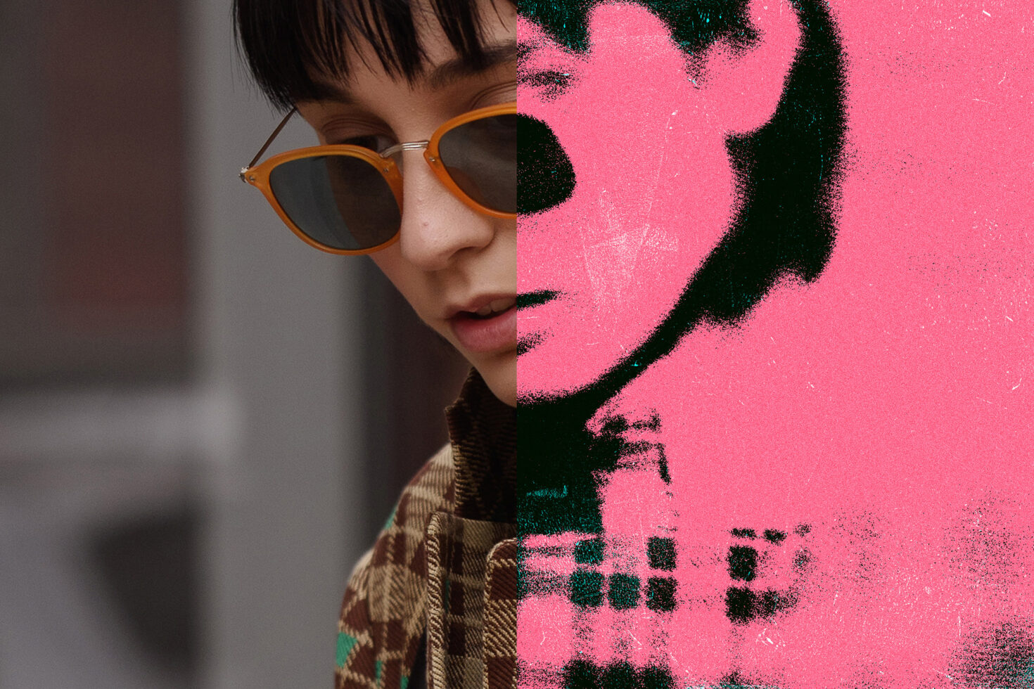 Split image of a person in sunglasses and plaid jacket on left, pink textured graphic effect on right. Perfect for designers seeking creative templates.