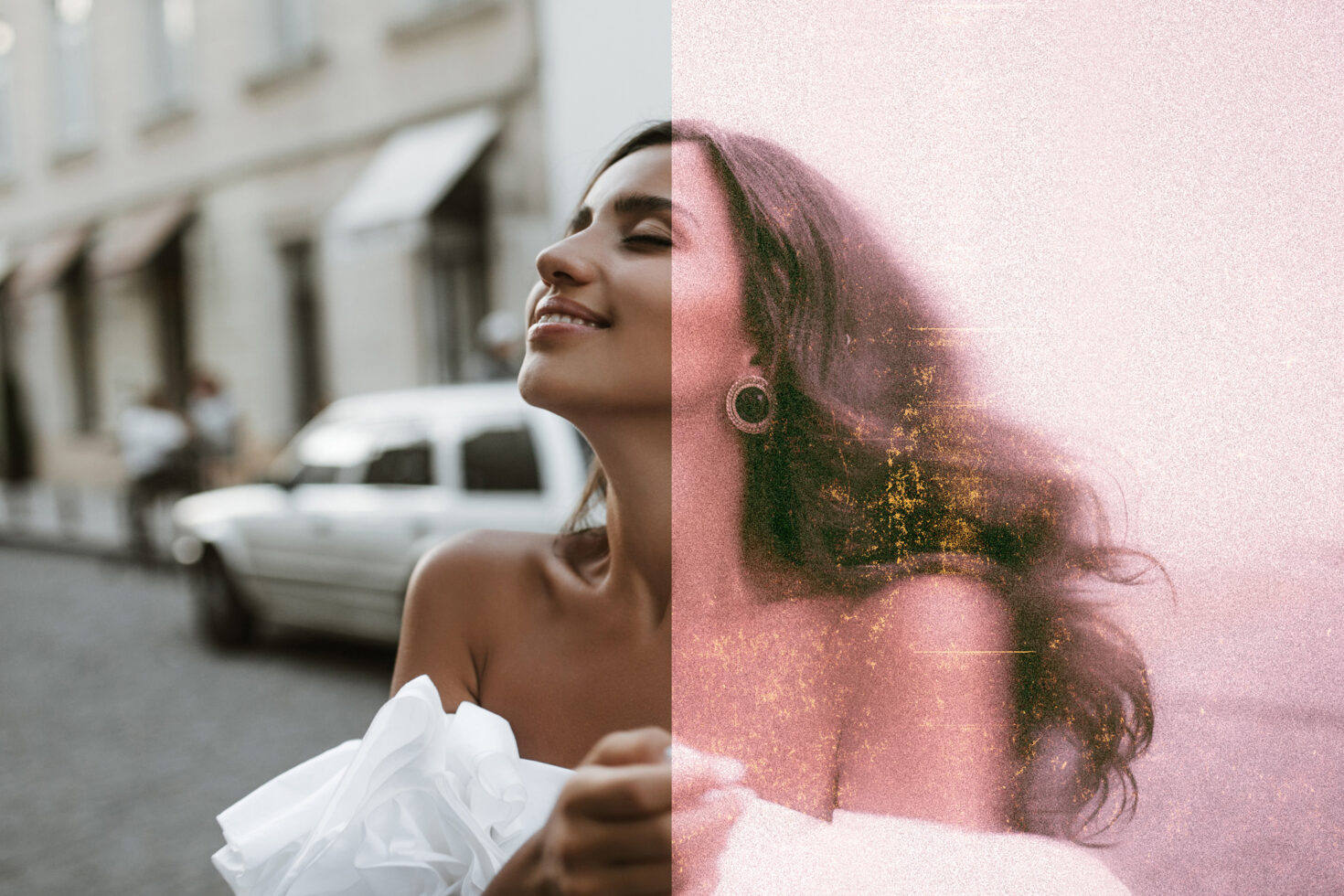 Side-by-side photo with a woman, left side natural and right side with a vintage grain effect. Perfect for design templates and graphics resources.