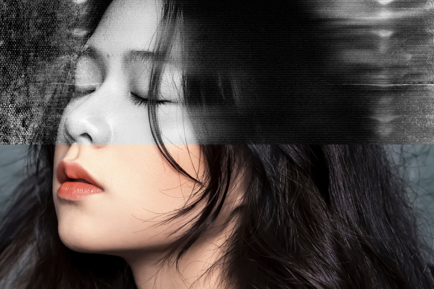 Double exposure portrait graphic design female profile blended with texture digital art designers creative assets Photoshop templates photography effect