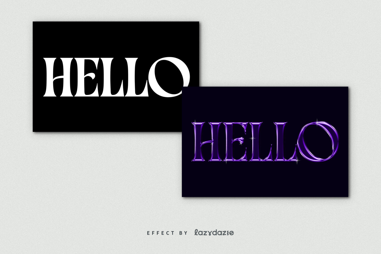 Two creative typography designs displaying the word Hello. One with white serif font on black background and the other with purple glowing letters. Fonts.