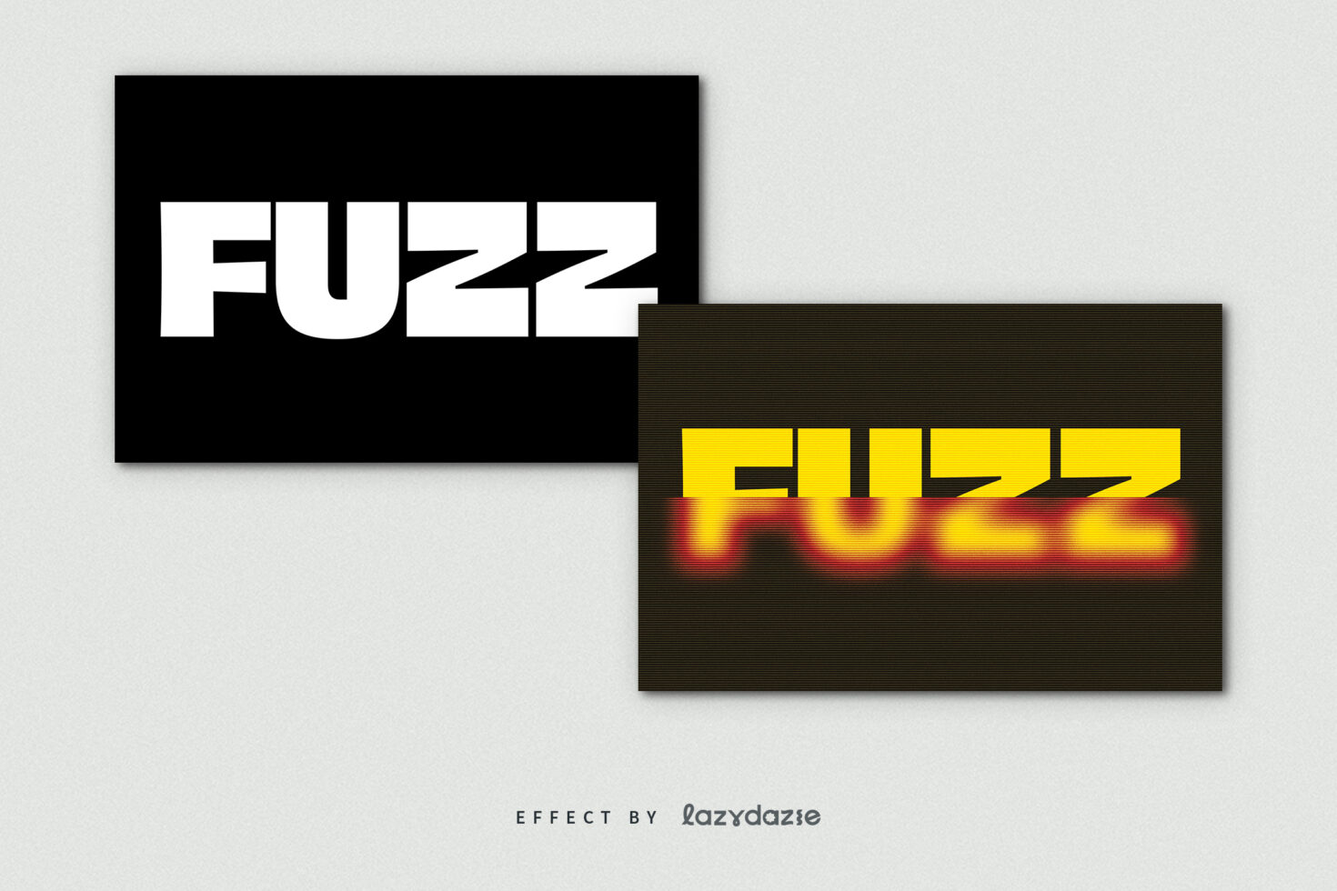 Bold glitch text effects with Fuzz headline in white and yellow over black. Perfect for graphic designers seeking dynamic typography style mockups.