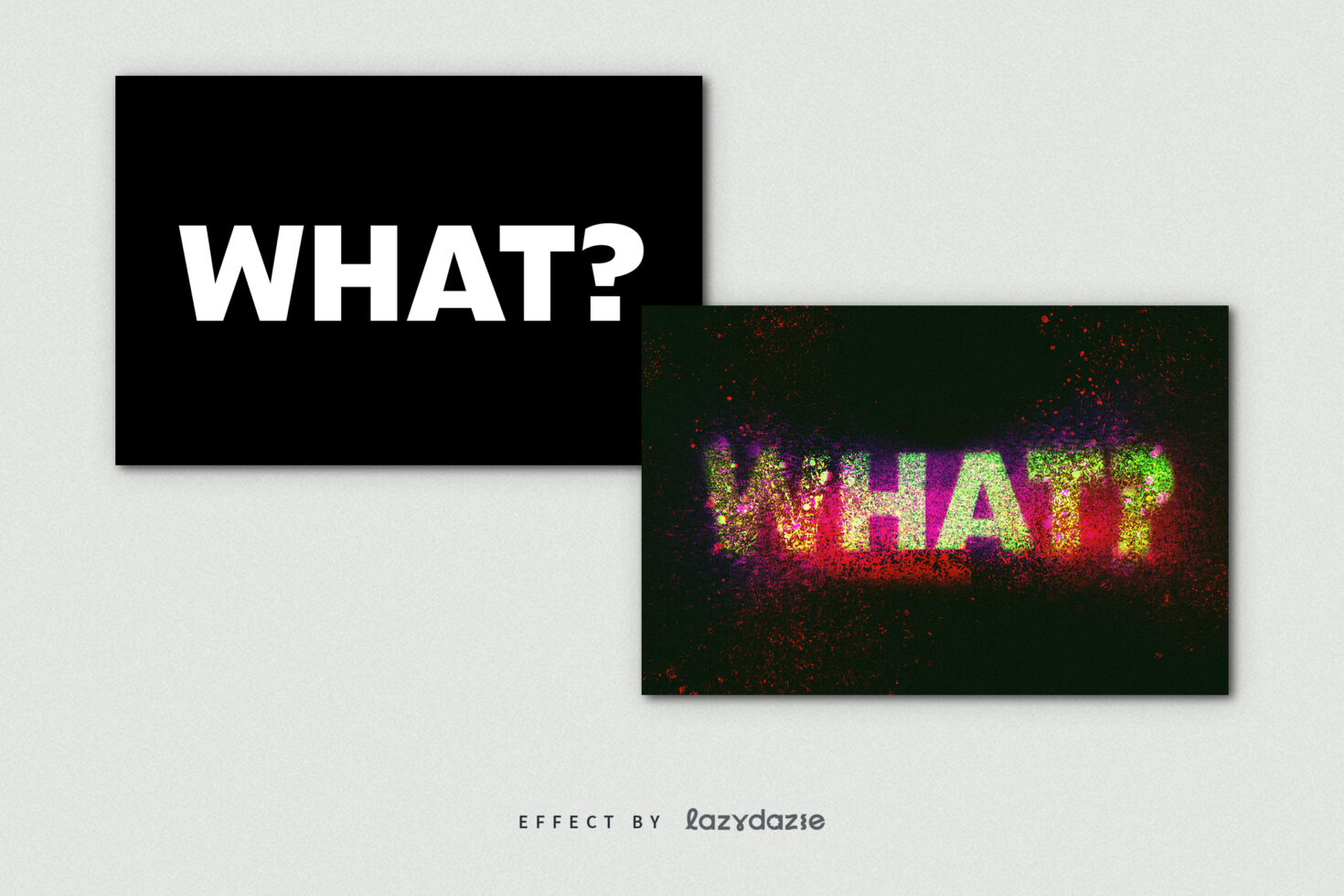 Creative text effect showcasing the word WHAT in bold white and colorful grunge splatter. Ideal for graphic design projects. Font style inspiration.