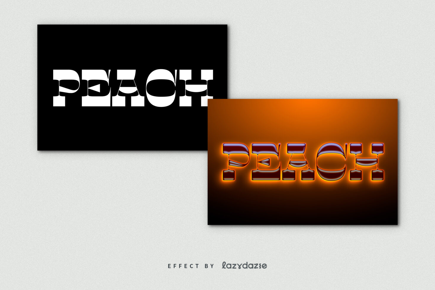 Bold text effect of the word PEACH in white on black and glowing orange. Ideal for designers in need of unique graphic fonts and text styles.