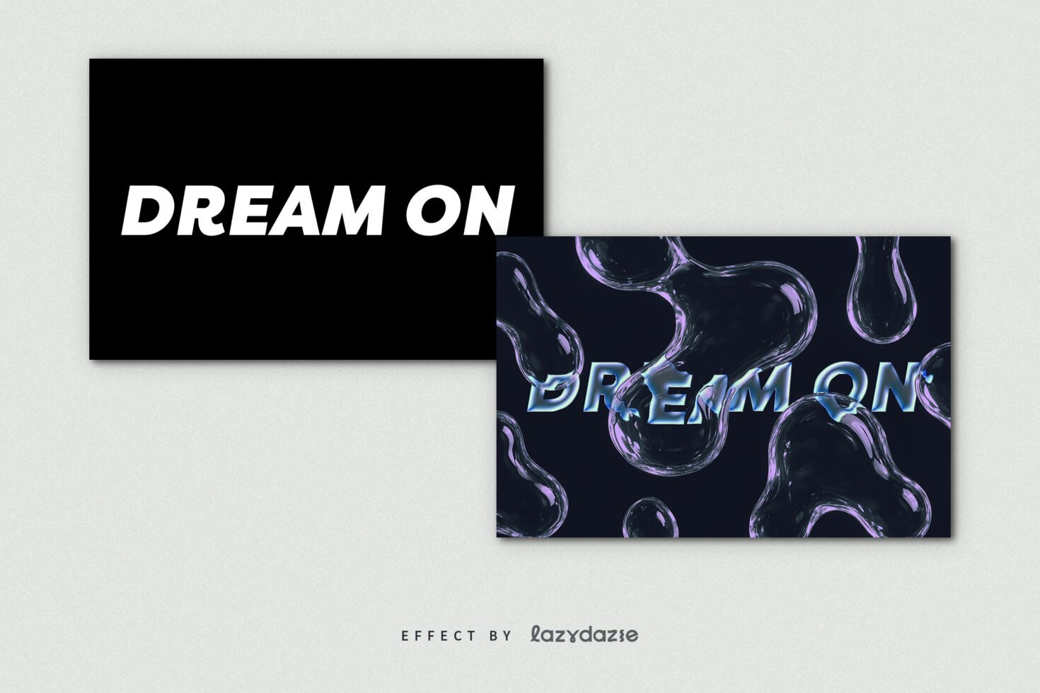 Dream On text effect template with modern glossy 3D liquid style and bold typography on black background for graphic design mockups and templates.