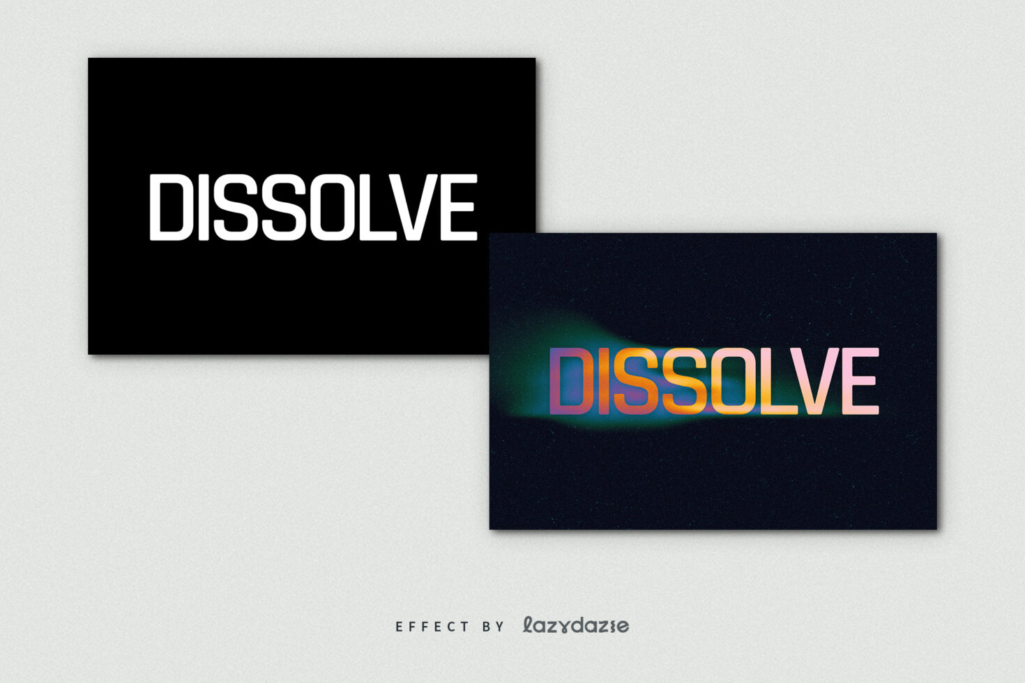 Dissolve text effect mockup showing bold white and colorful gradient designs on black background. Perfect for graphic designers and branding projects.