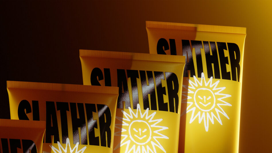 Sunscreen tubes in yellow gradient stacked diagonally with bold black text