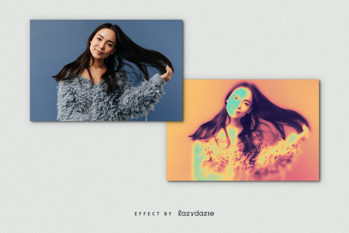 Photo effect mockup showing a woman in a shaggy sweater with hair flowing dual-tone style on a textured background digital graphic design asset.