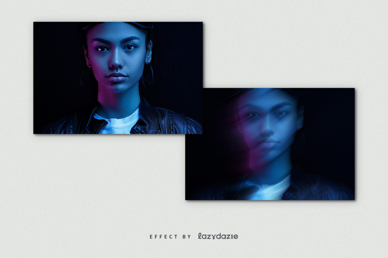 Digital portrait effect showcasing vibrant neon colors and abstract blur, ideal for graphic design templates and modern artistic mockups.