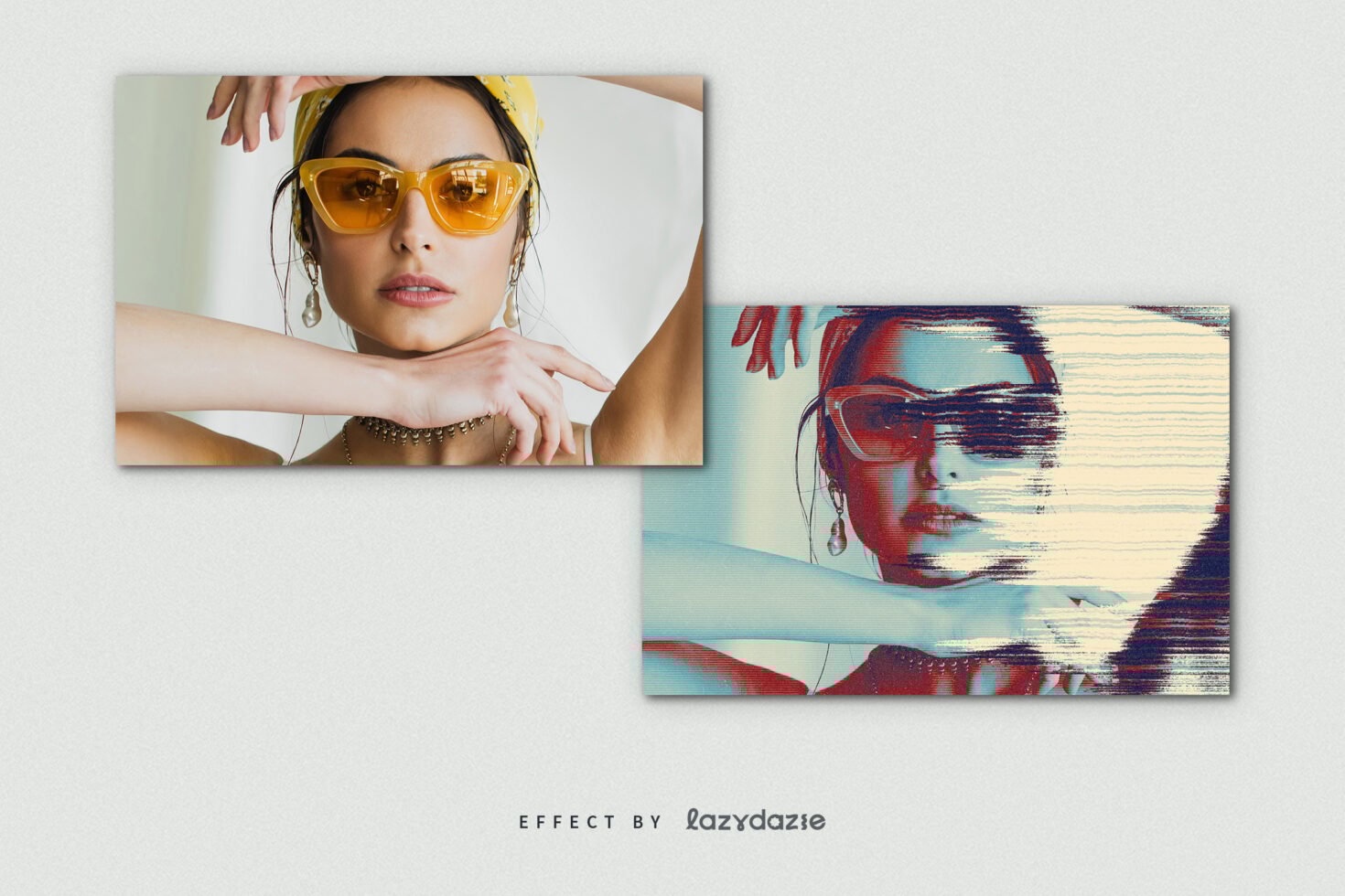 Digital asset showcasing a split image effect on a woman with sunglasses used for mockups and templates for designers. Keywords: digital graphics design.
