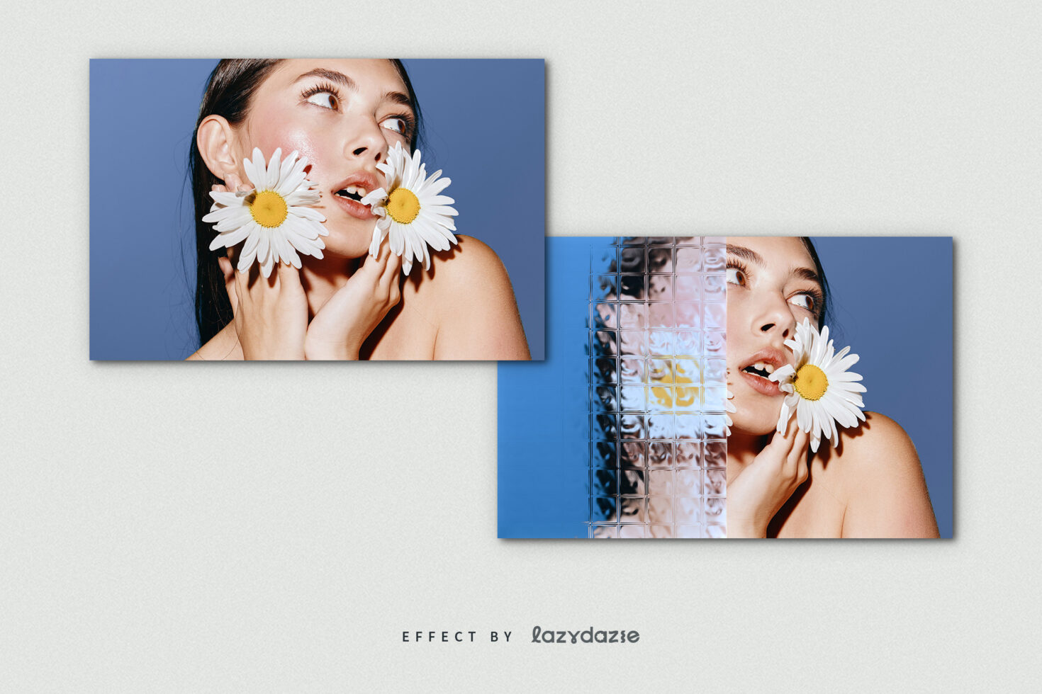 Portrait of woman with daisies and blue background featuring mirrored Photoshop effect suitable for graphic design projects and creative mockups