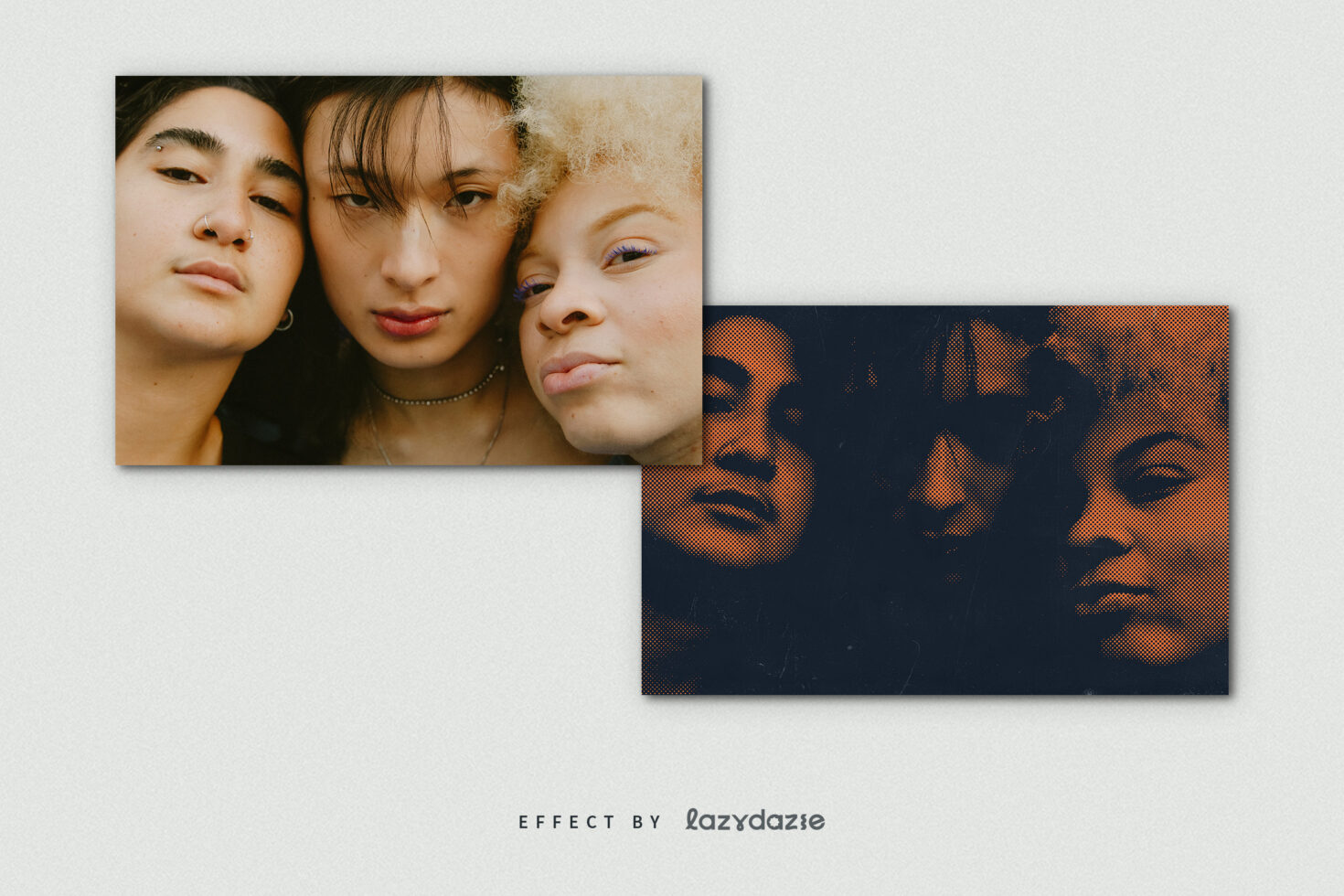 Two portrait photos showcasing diverse individuals, one with a natural look and the other with a halftone effect. Perfect for graphics or template designs.