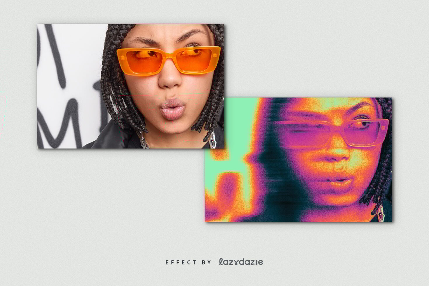 Portrait of person wearing orange sunglasses, artistic photo effect, vibrant colors, design asset for graphics or mockups, creative visual for designers.