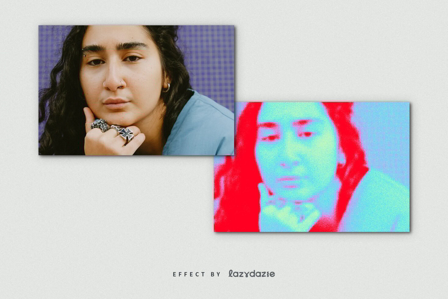Portrait photo effect showing a woman with a colorful halftone pop-art filter overlay. Perfect for designers seeking creative photo editing templates.