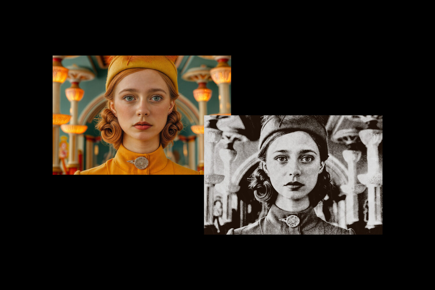 Two portraits of a woman in vintage attire. One in color with ornate background, one in black and white. Perfect for mockups and graphic design projects.