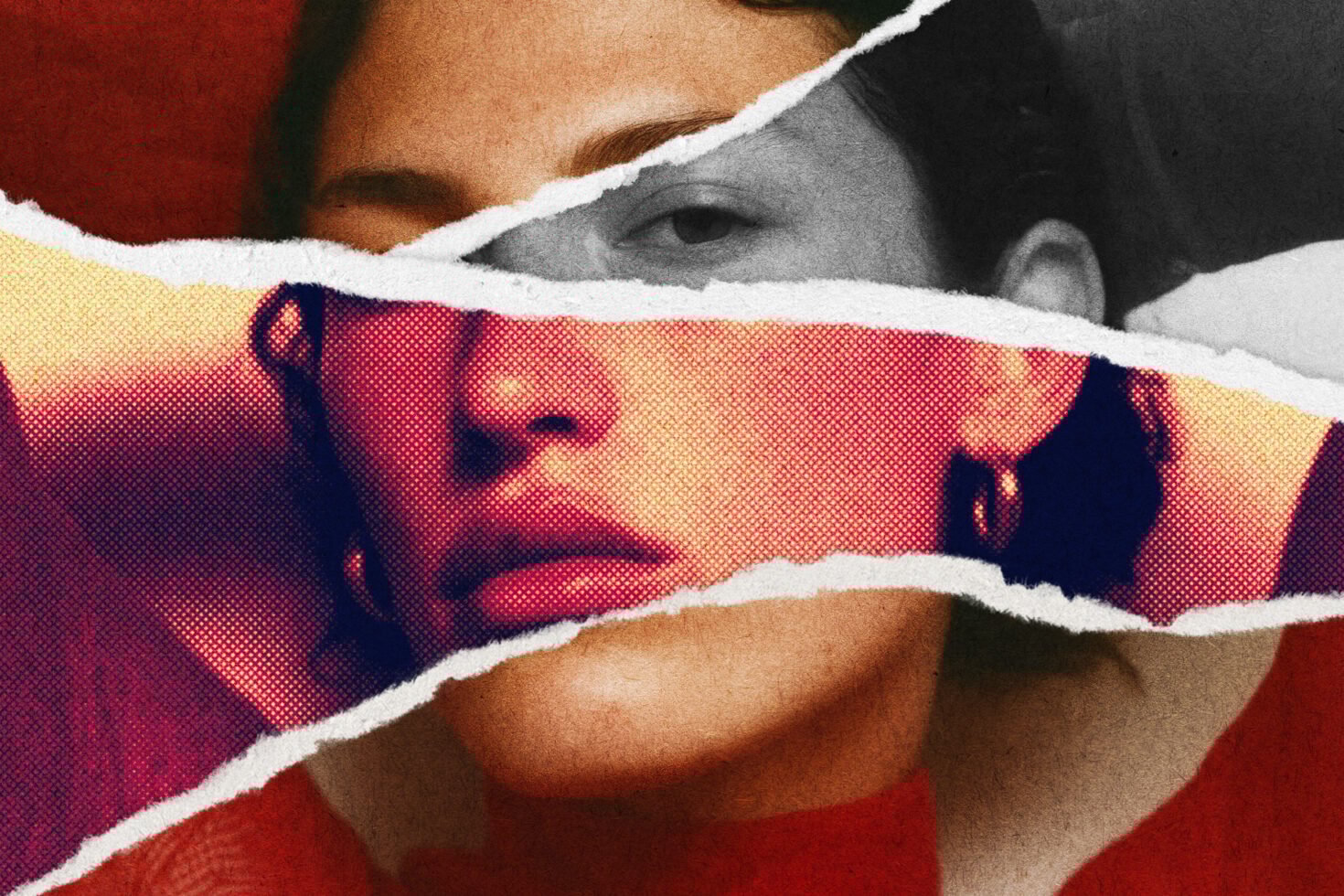 Collage portrait with torn paper effect showcasing textured layers. Ideal for graphic design, digital art projects, and creative templates.