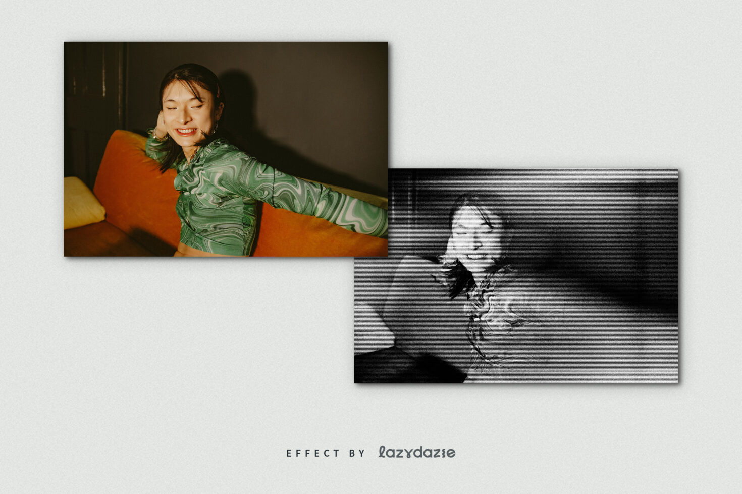 Digital photo with a retro effect split into color and black and white versions showcasing glitch distortion. Keywords: glitch, retro, digital effect.