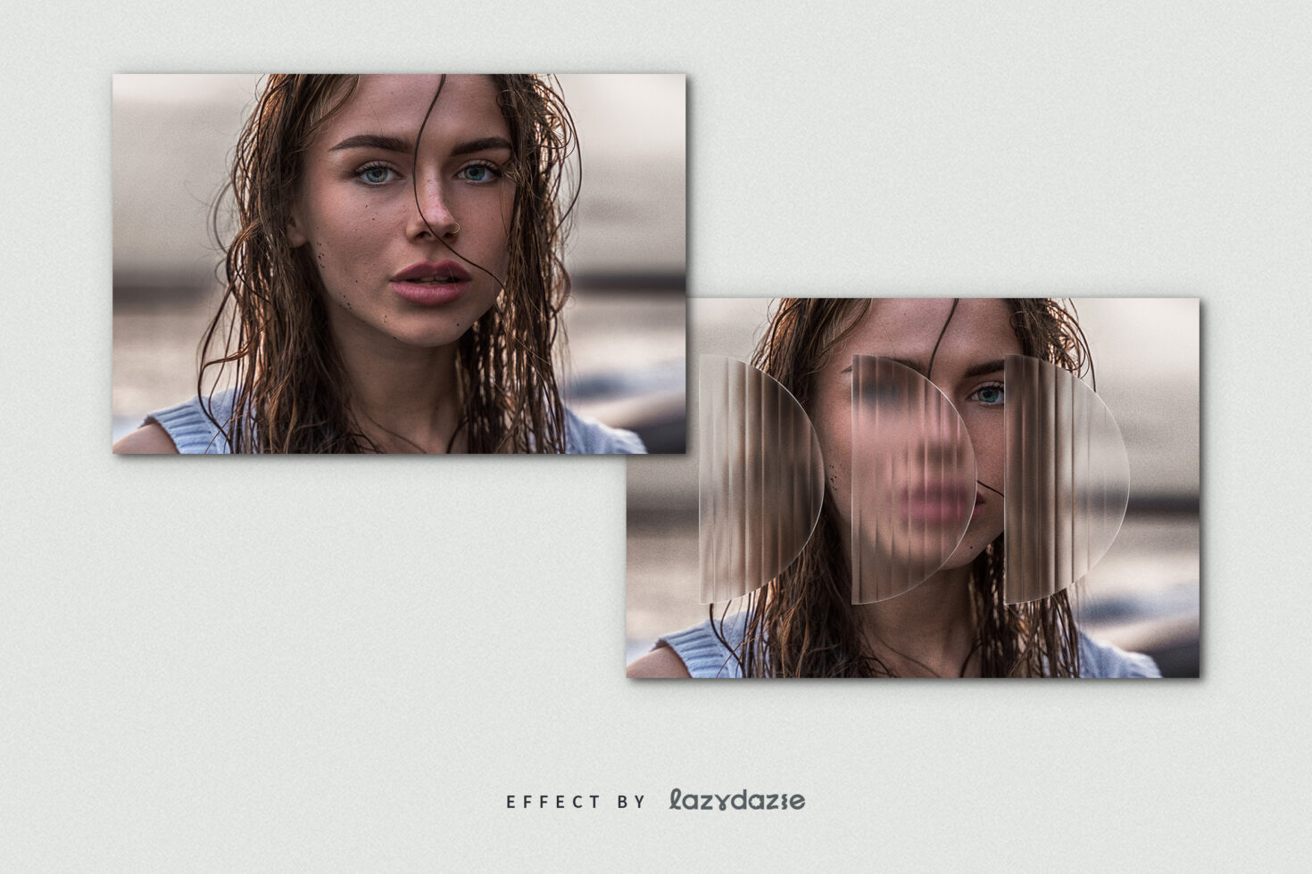 Portrait photo with a layered glass distortion mockup effect. Perfect for graphic design projects. Keywords: mockup, design, template, graphics.