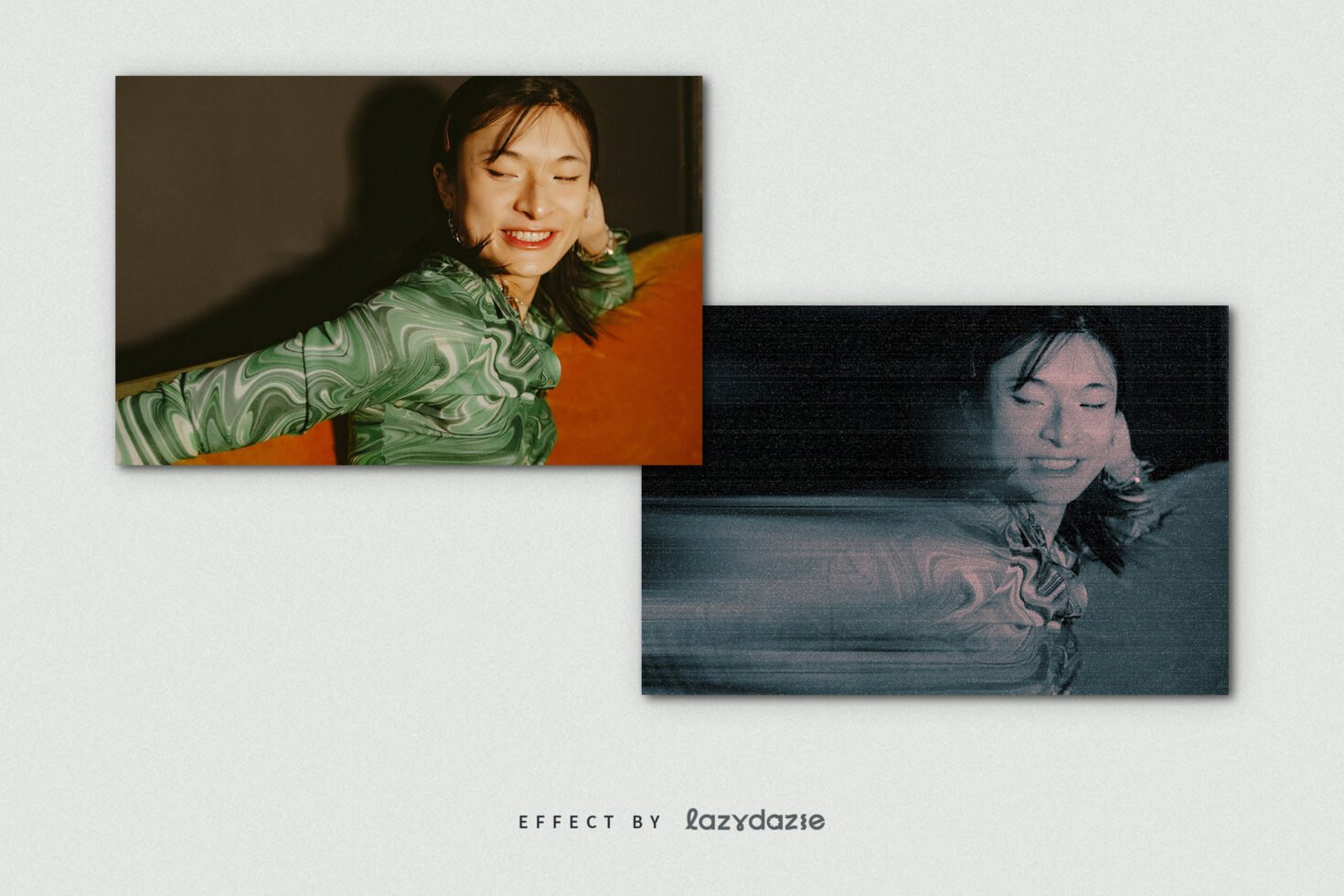 Photo before and after applying digital glitch effect, showcasing filter impact. Ideal for designers in graphics and digital art. Mockup resource.