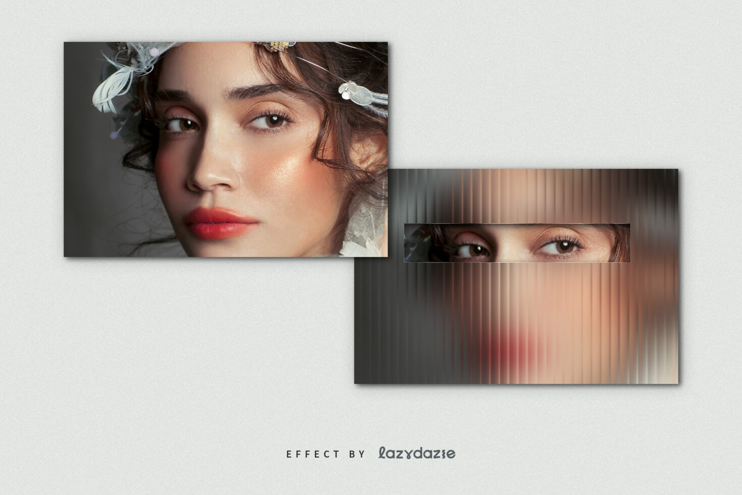 Close-up portrait mockup featuring woman's face with subtle makeup, floral headpiece, and textured blur effect. Ideal for beauty and fashion design projects.