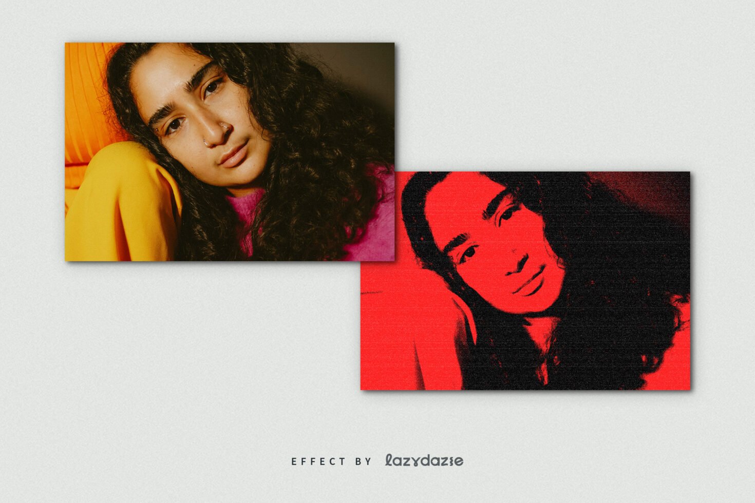 Portrait photo effect template displaying two versions of a woman with curly hair vibrant and red pop art style ideal for graphic designers.