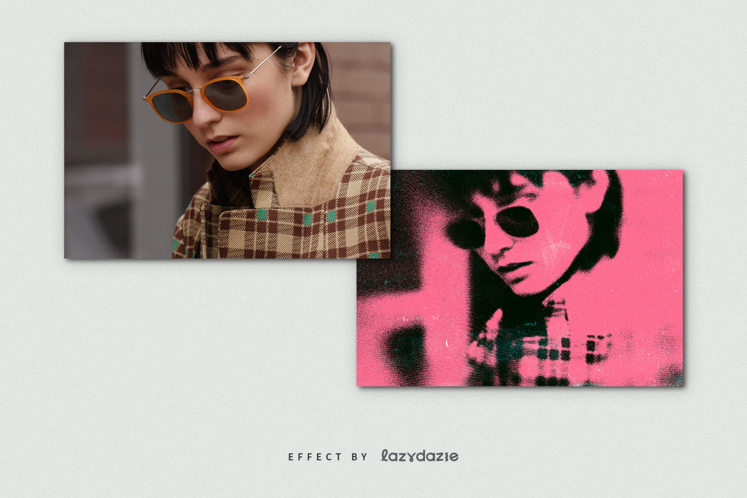 Portrait effect showcasing a stylish person with sunglasses, plaid coat, featuring a vintage pop art style. Perfect for graphic design, mockup templates.