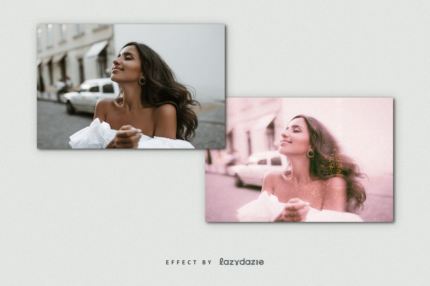 Photo effect mockup showing before and after images of a woman outdoors, showcasing vintage filter for designers. Ideal for creative graphic projects.