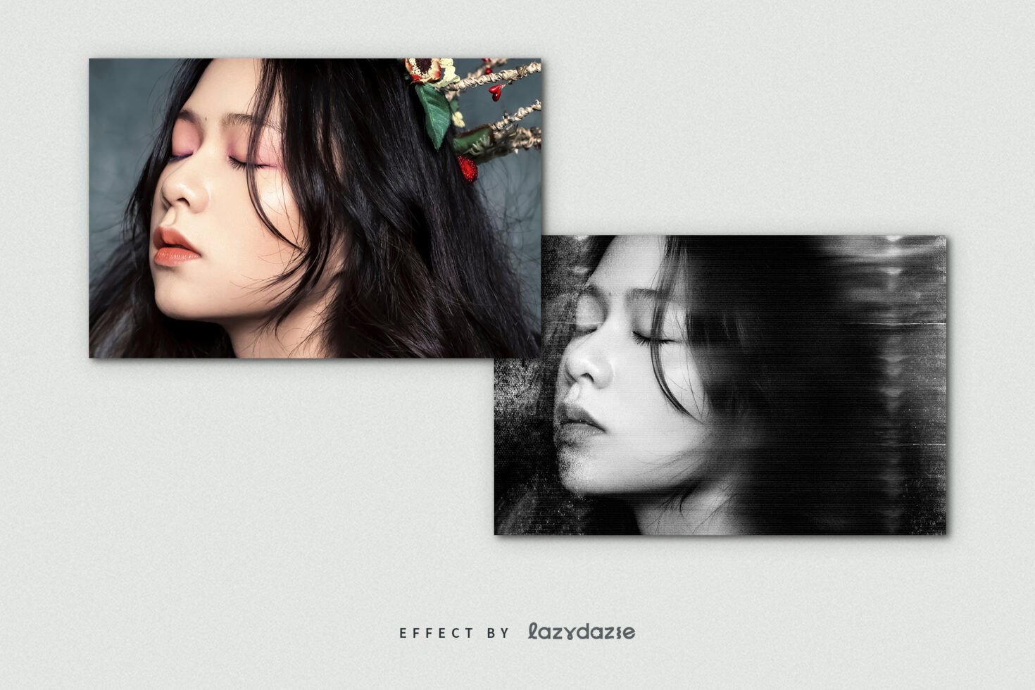 Side-by-side portrait images with artistic effects showcasing color and black-and-white transformations. Ideal for graphic design mockups and templates.