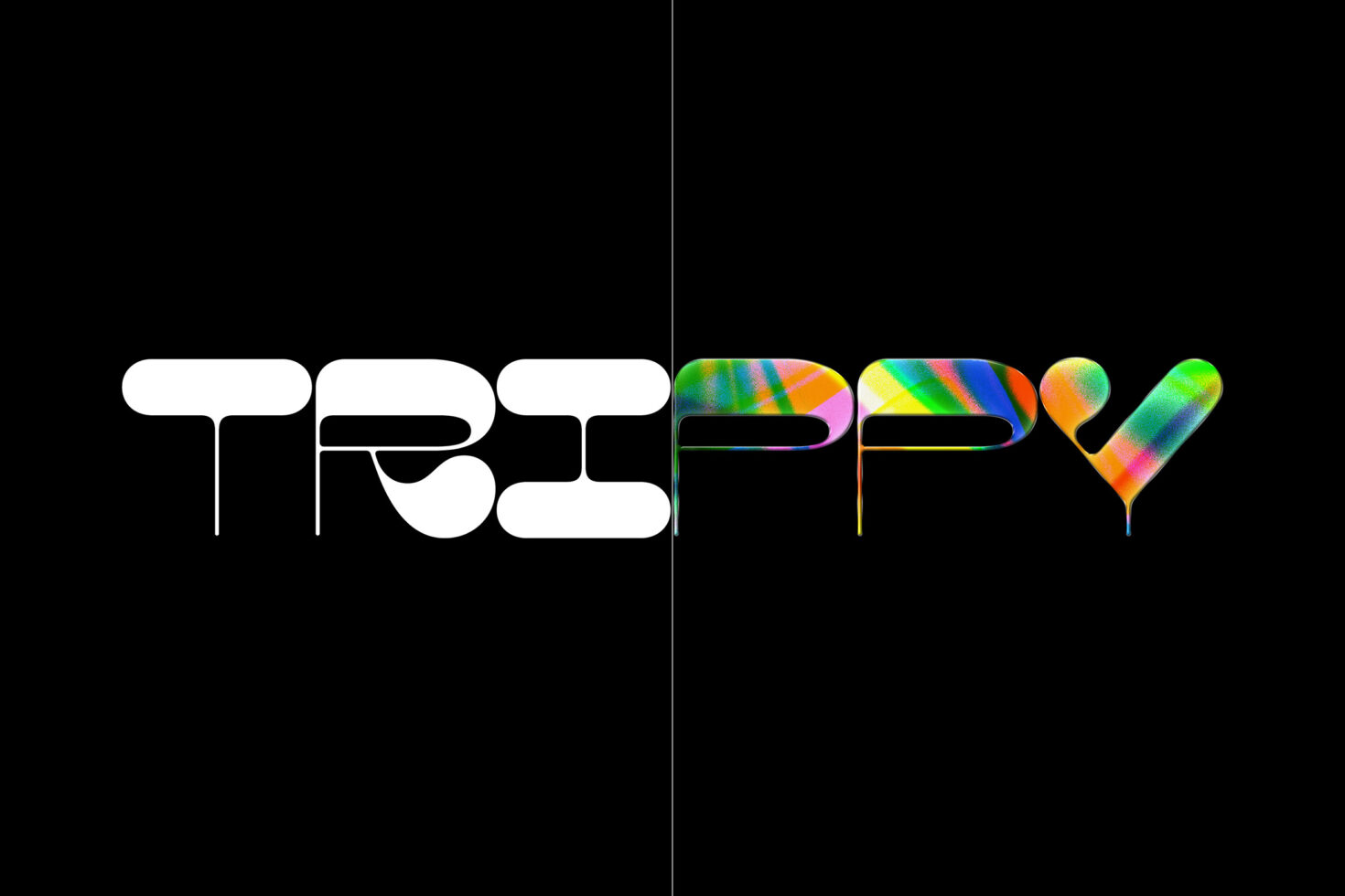 Groovy font design with bold text Trippy. Half monochrome half colorful psychedelic pattern. Perfect for designers seeking unique typography assets.