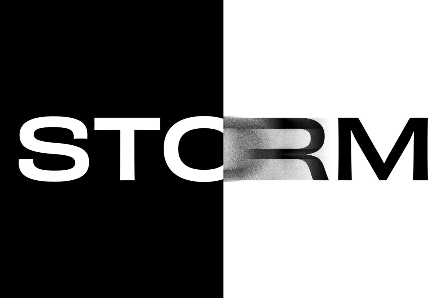 Black and white text-based graphic reading STORM with split design in bold and textured fonts ideal for typography templates and graphic design.