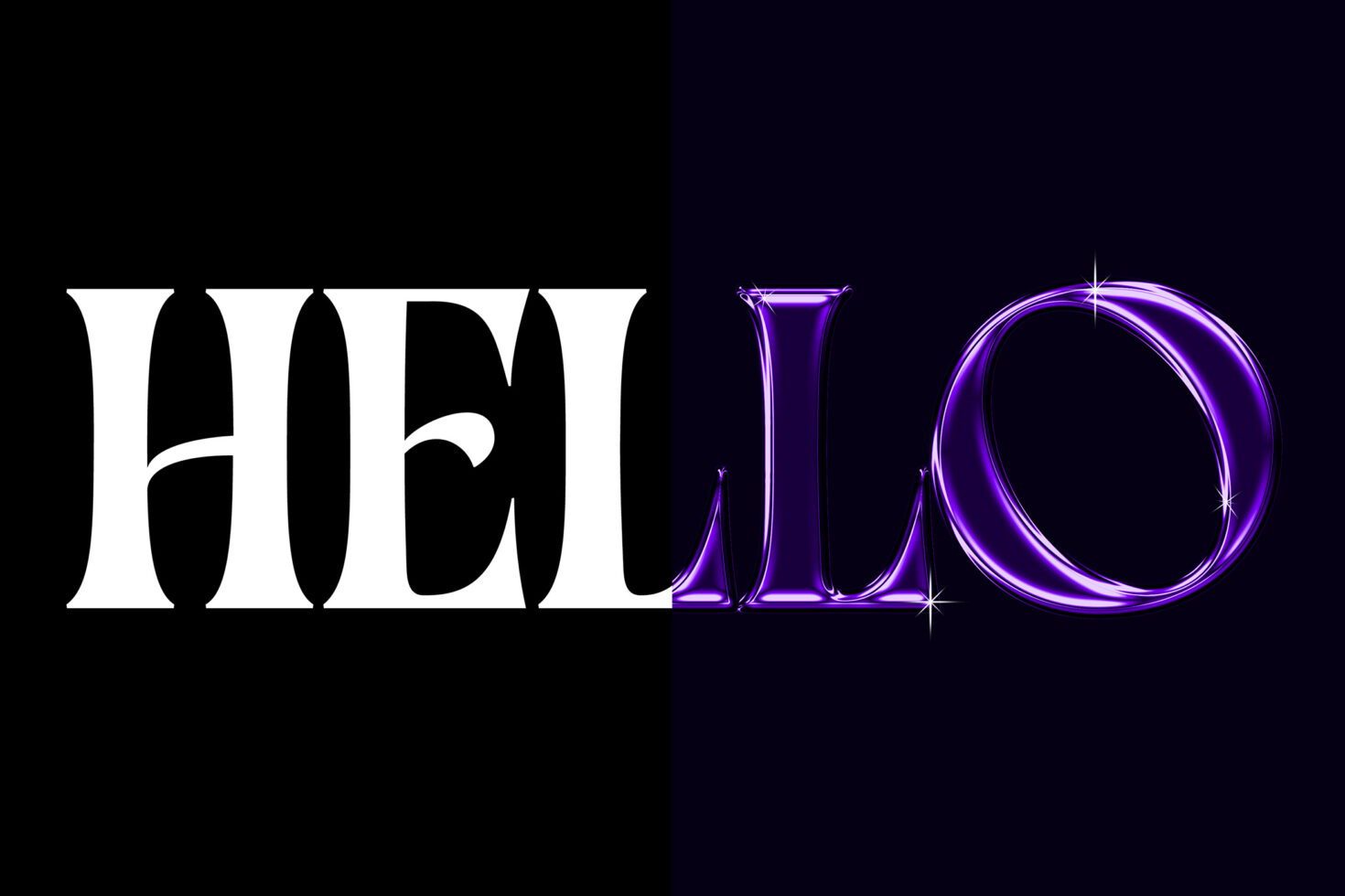 Bold serif and glossy purple font spelling HELLO in split design for artistic typography graphics ideal for digital design projects and templates.
