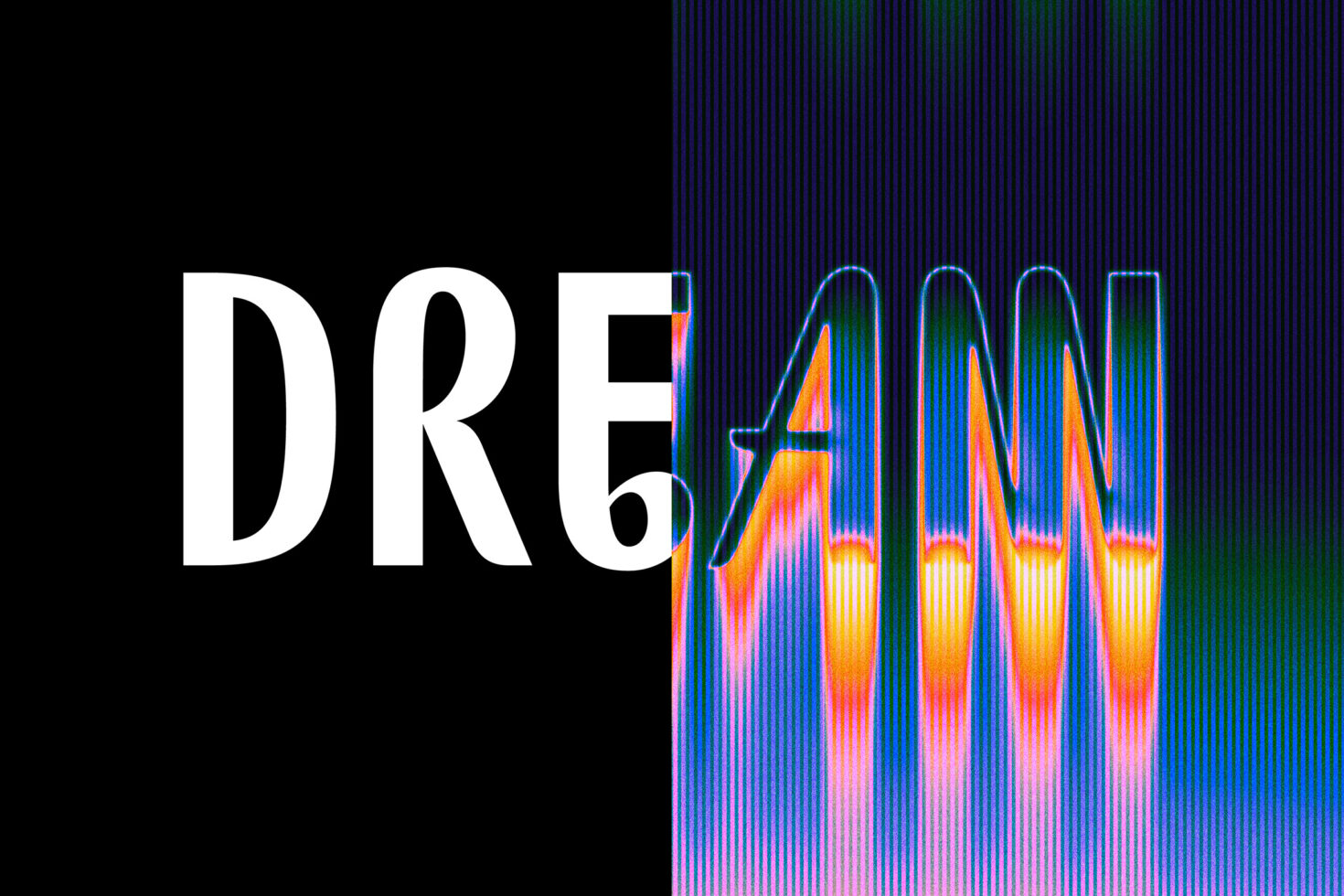 Abstract split typography design with the word DREAM in contrasting black white and vibrant rainbow gradient suitable for graphic design templates and fonts.