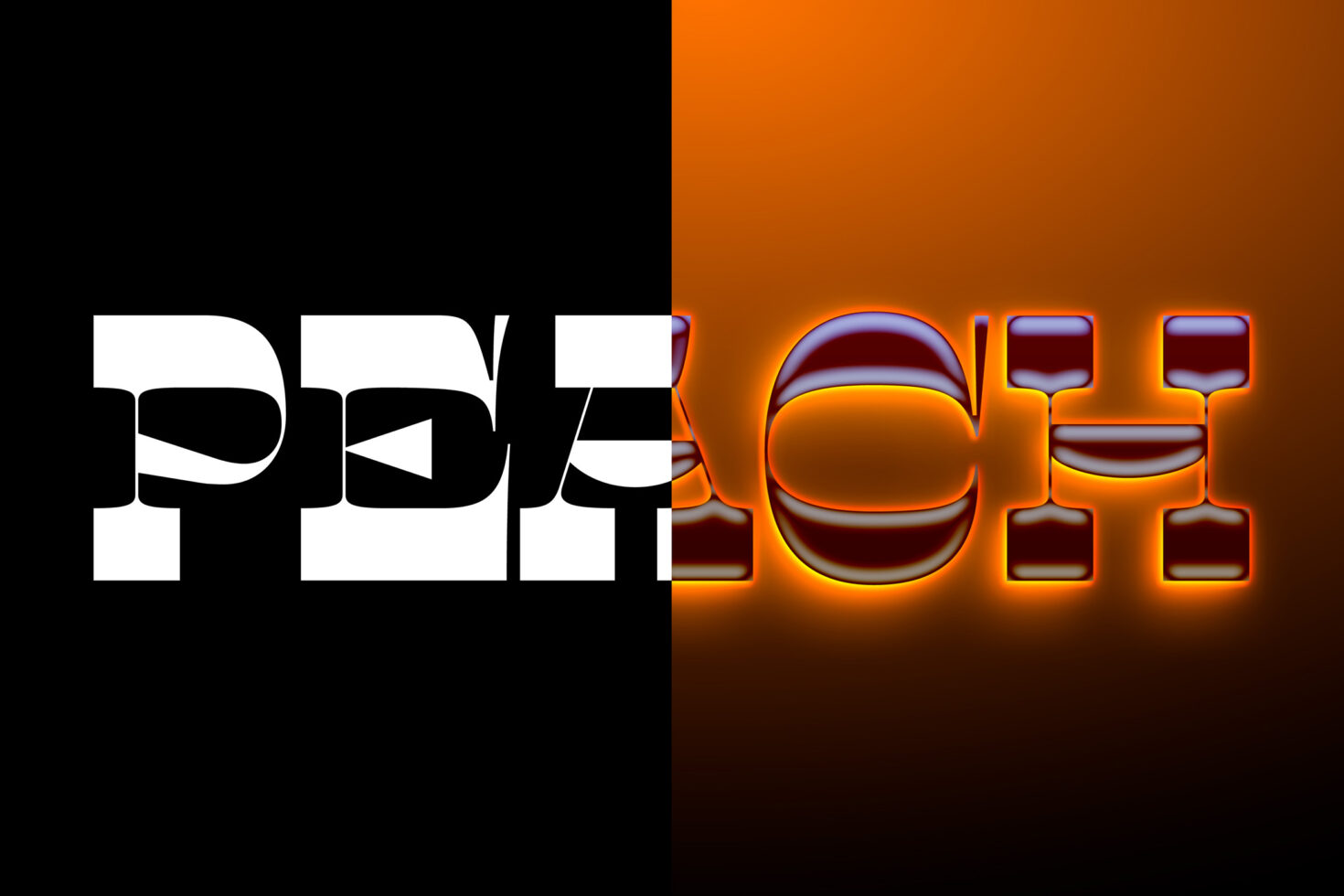Bifurcated image showcasing a unique font named Peach in black and orange backgrounds. Ideal for graphic designers seeking modern typography assets.