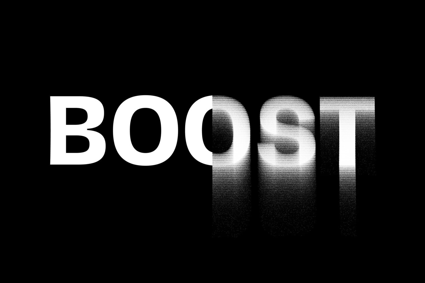 Modern graphic design featuring the word Boost with a glitch effect on a dark background. Ideal for designers seeking unique fonts and typography templates.