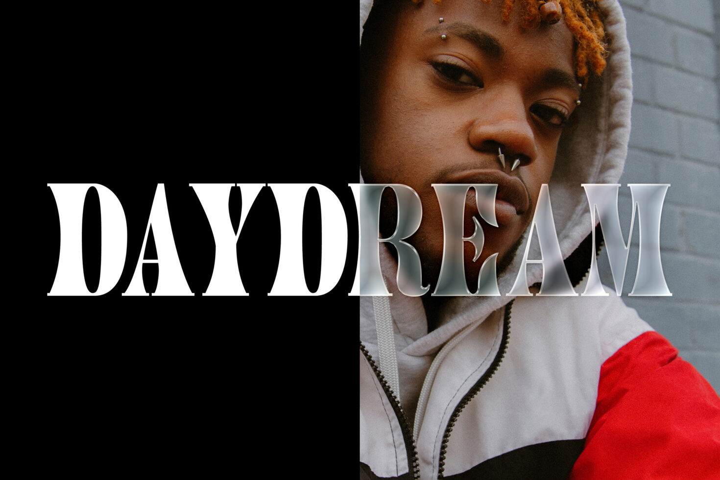 Daydream font example on split background with photo of person in hoodie. Ideal for creative design, typography, graphics, visual art projects.