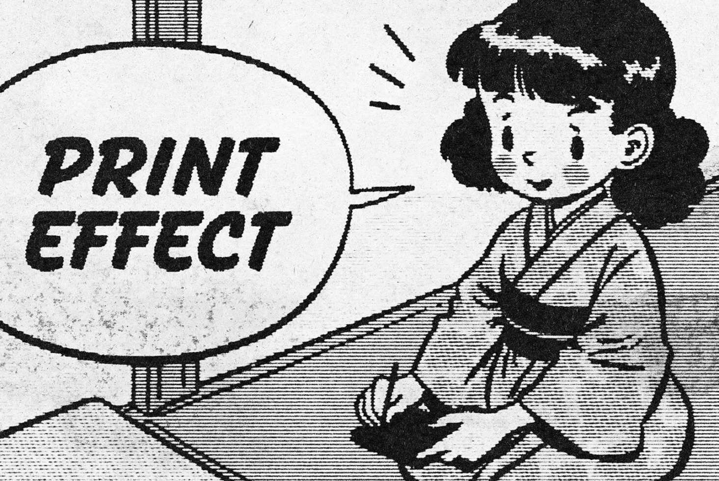 Retro comic style illustration featuring a character in traditional attire with text balloon saying Print Effect ideal for vintage graphics design projects.