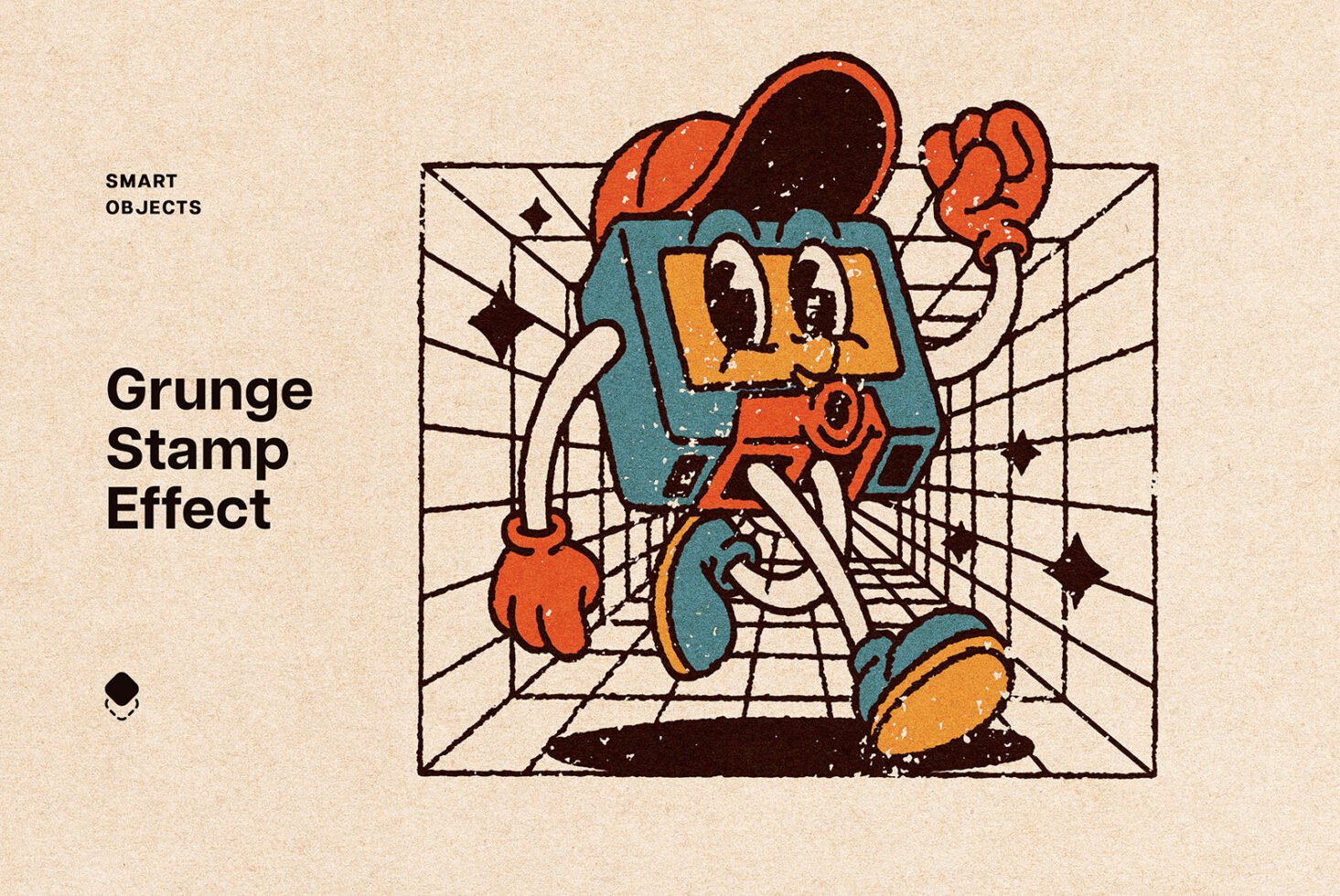 Grunge stamp effect template with retro cartoon character wearing a cap and gloves, set in a grid pattern background ideal for graphic design projects.
