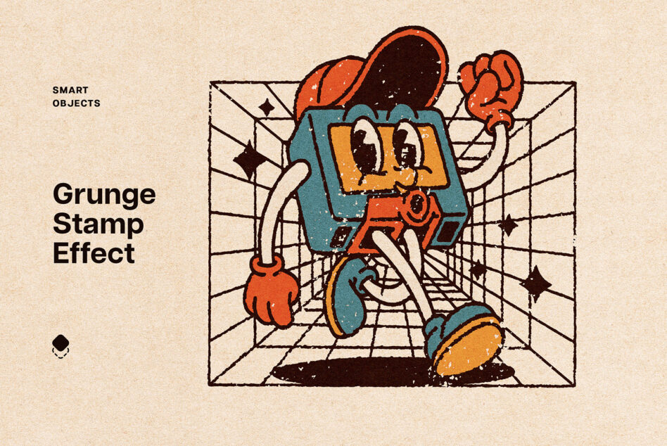 Retro robot character with grunge stamp effect label on cream background with grid