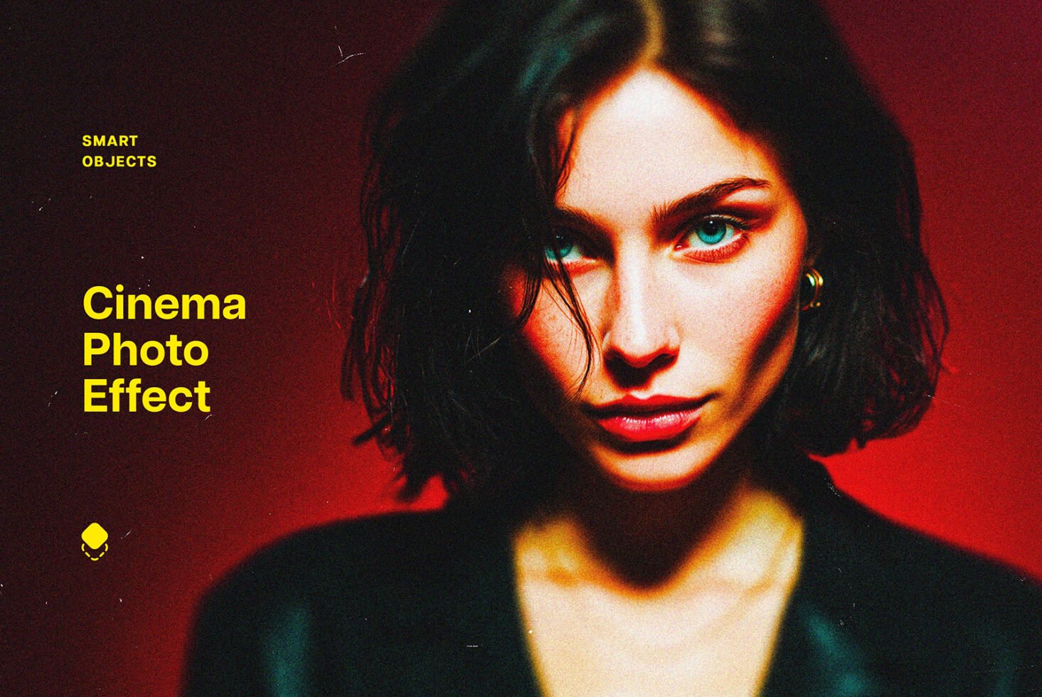Cinema photo effect mockup featuring a woman on a red background highlighting smart objects ideal for designers seeking creative visual graphics assets.
