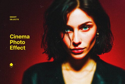 Portrait with cinema effect text overlay showing red orange color grading mockup