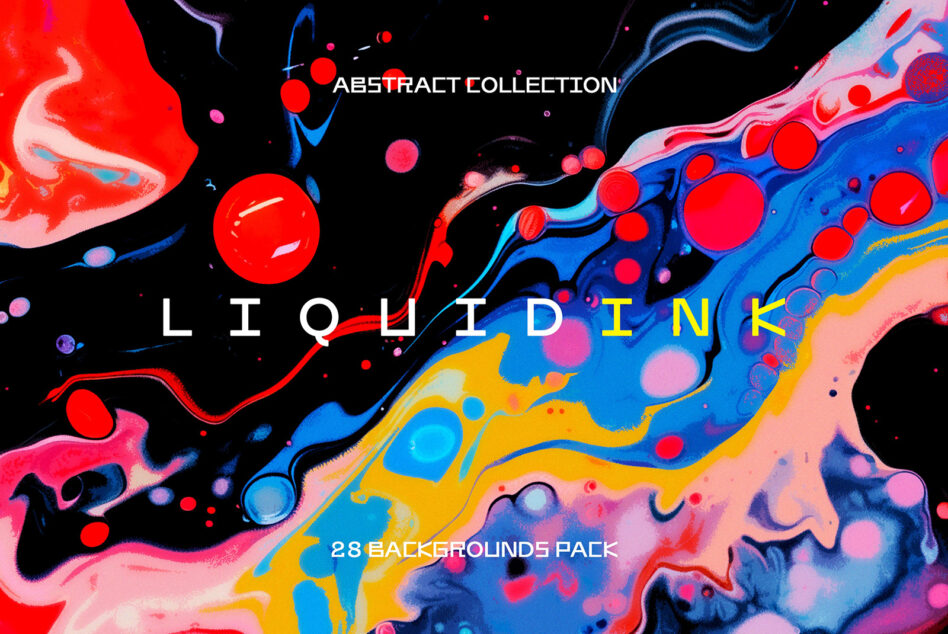 Liquid Ink abstract collection cover with neon swirls circles 28 backgrounds pack