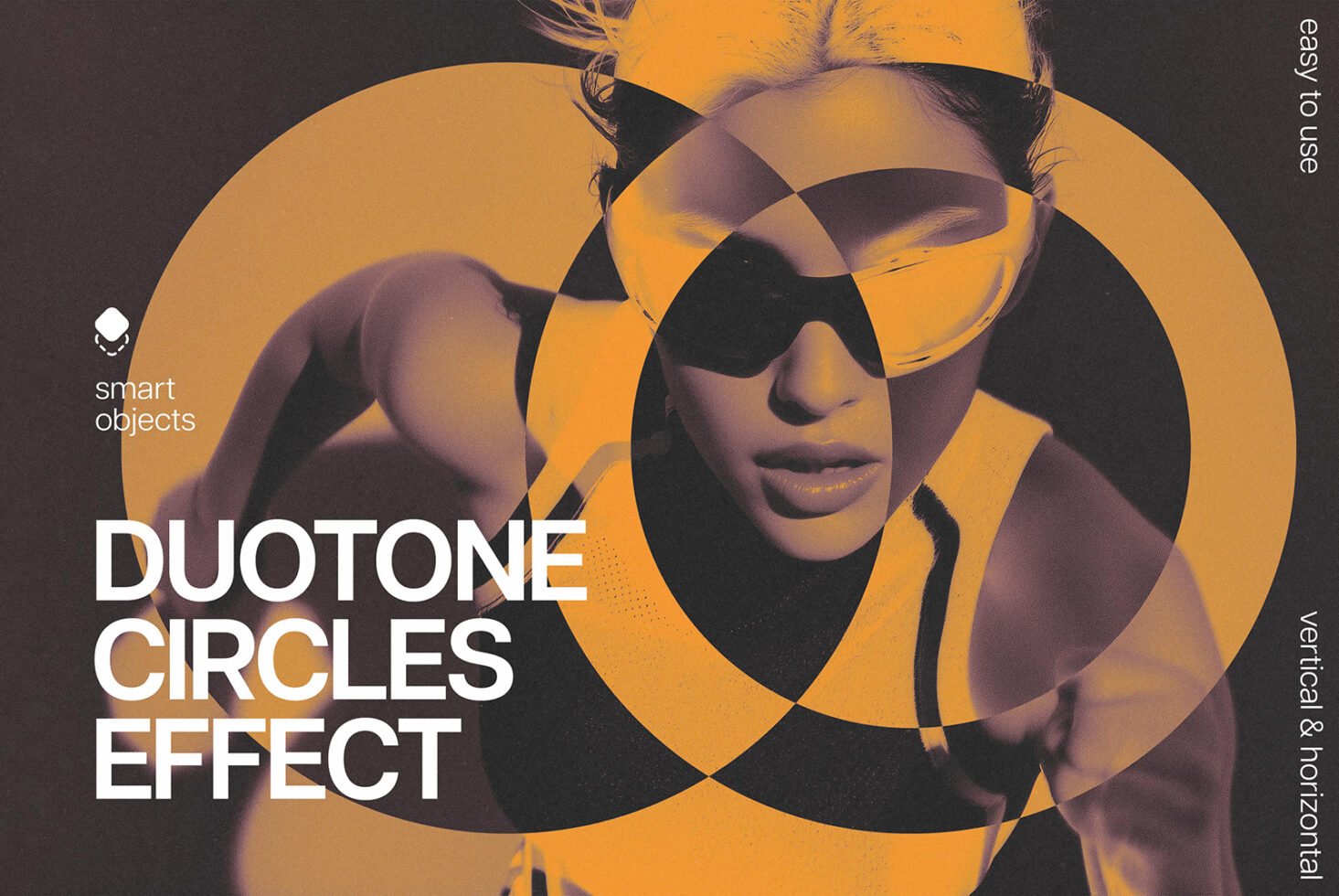 Duotone circles effect mockup featuring a stylish person with sunglasses and modern design elements. Ideal for graphic templates and creative projects.