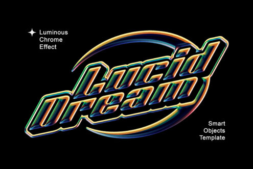 Italic text with glowing chrome effect in rainbow colors, labeled as smart objects template