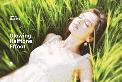 Woman in white shirt lying in tall green grass with glowing halftone effect overlay